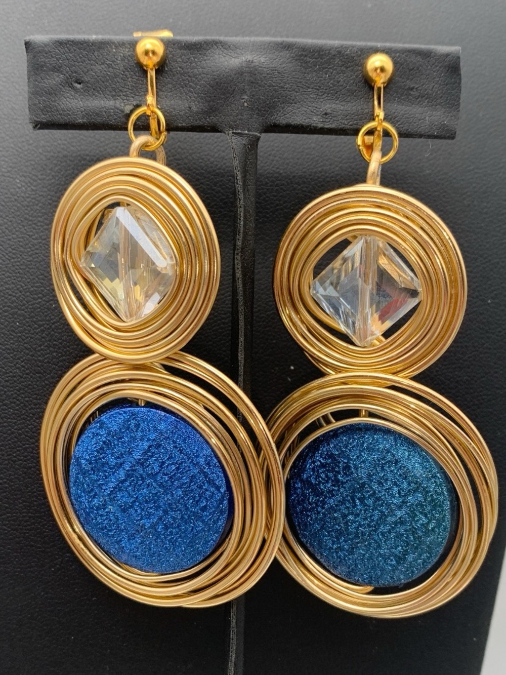 Gold Tone wire wrapped Blue texture Dangle clip on Earrings w Crystal Accent